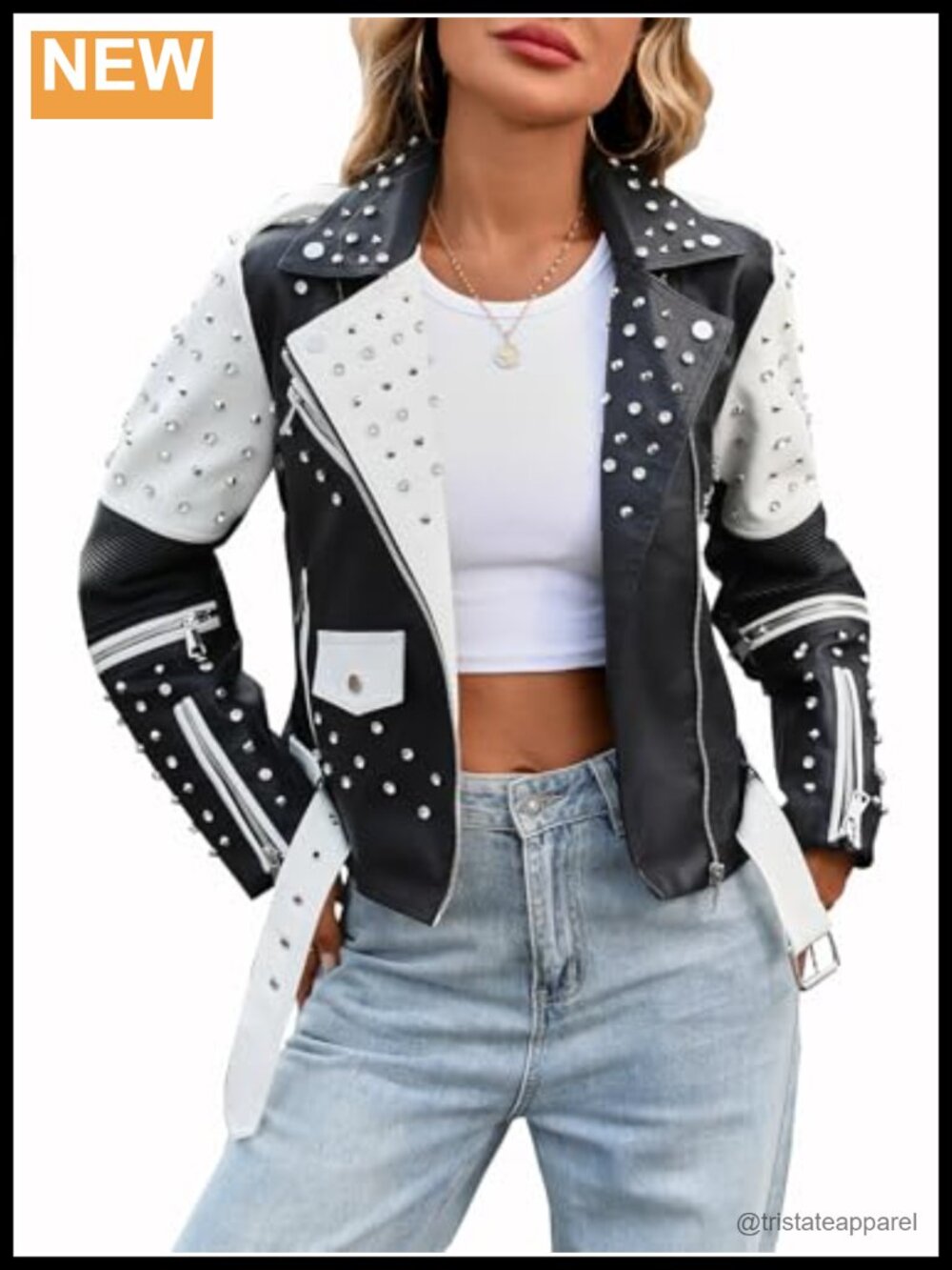 Studded Faux Leather Moto Jacket Women PU Biker Coat with Rivets
